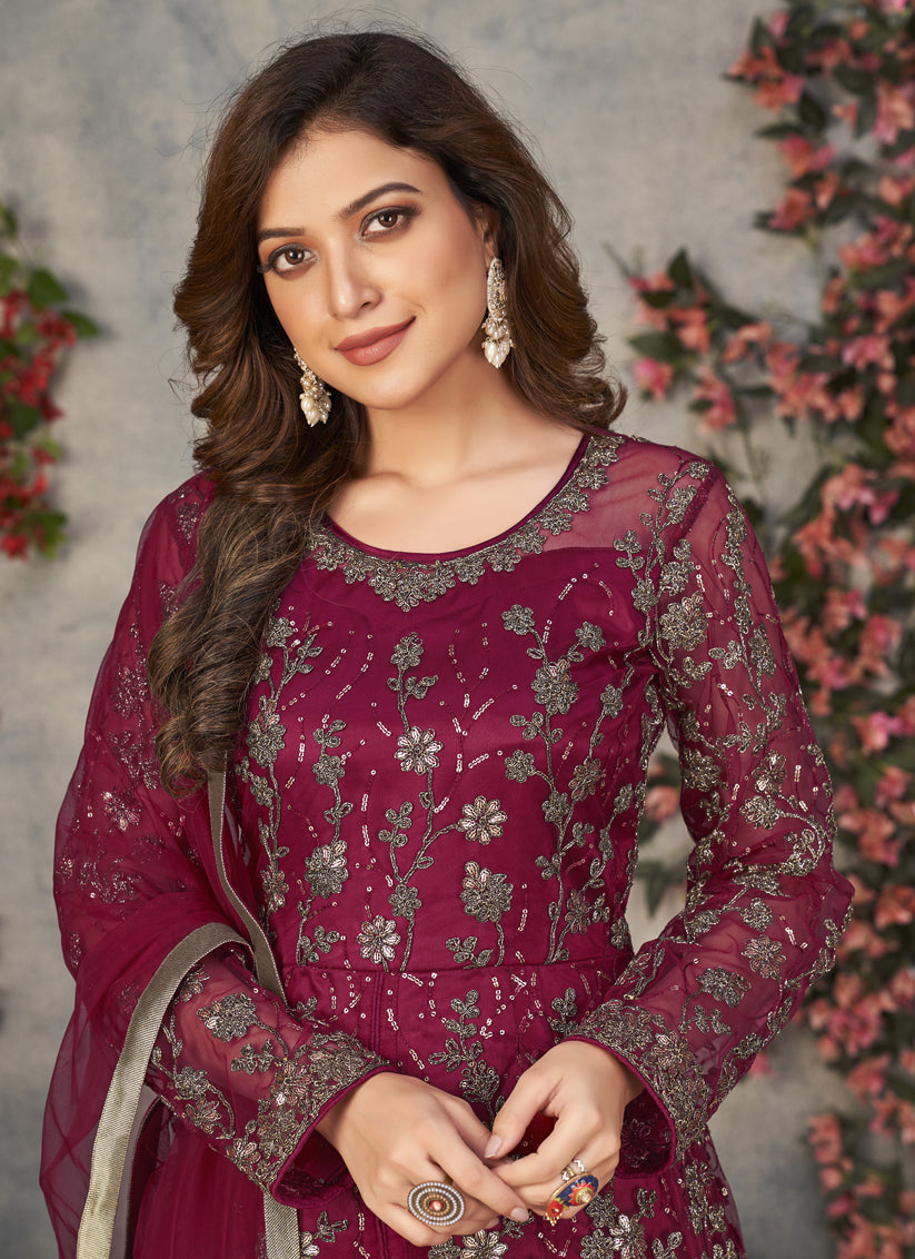 Maroon Net Embroidered Pant Kameez