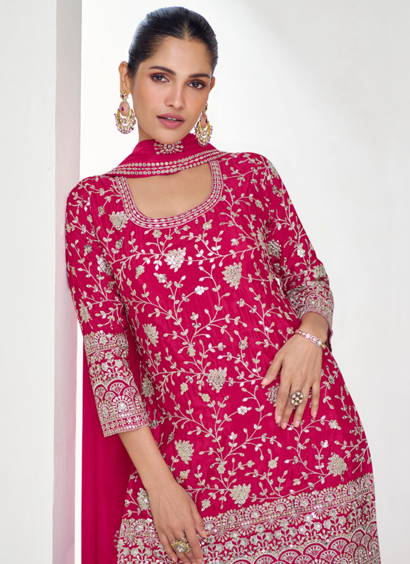 Rani Pink Chinnon Silk Designer Sarara Kameez Suit
