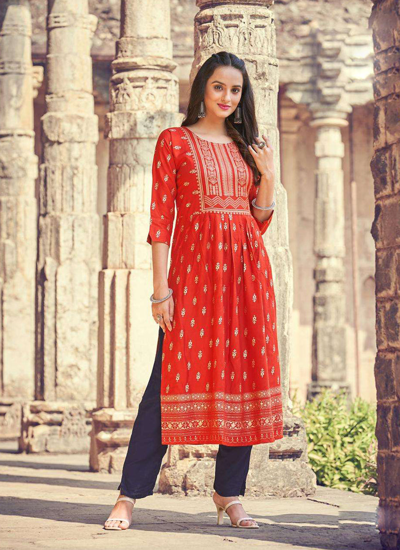 Red Rayon Printed Designer Kurti