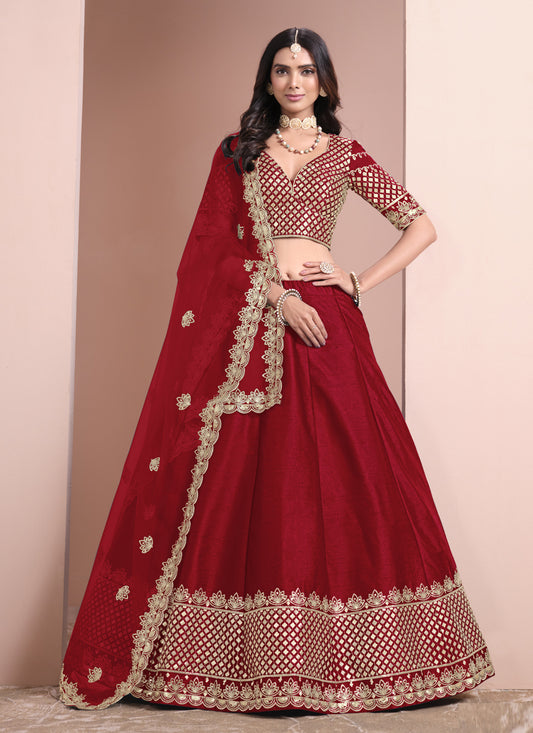 Rust Red Art Silk Embroidered  Lehenga Choli for Wedding