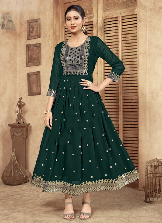 Green Faux Georgette Embroidered Anarkali Kurti
