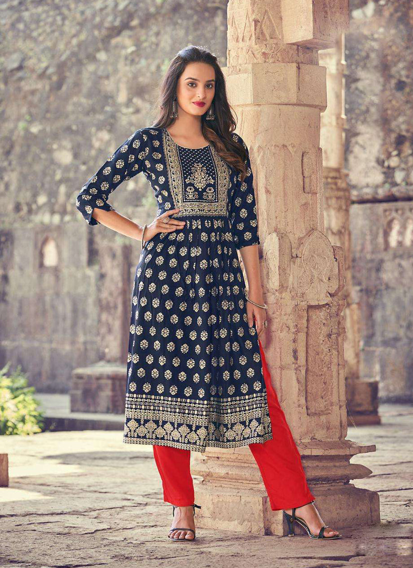 Navy Blue Rayon Printed Designer Kurti