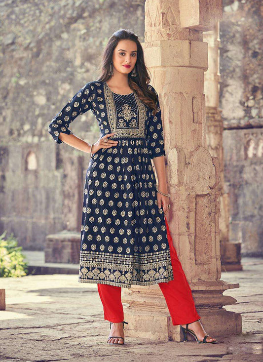 Navy Blue Rayon Printed Designer Kurti