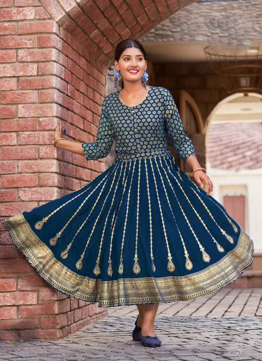 Navy Blue Rayon Printed Anarkali Kurti