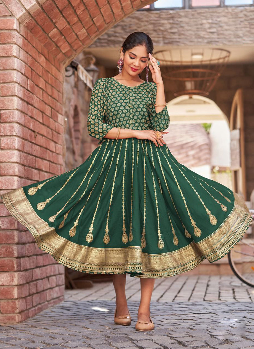 Green rayon printed anarkali kurti