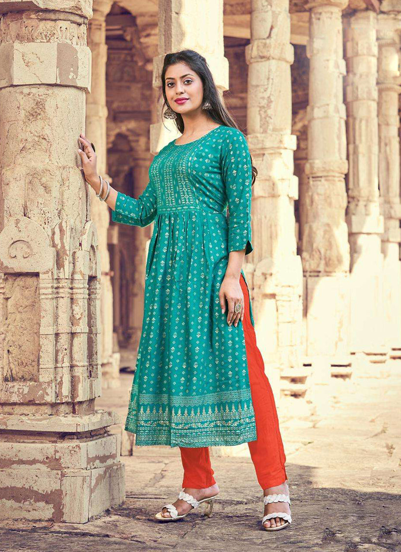 Turquoise Rayon Printed Designer Kurti