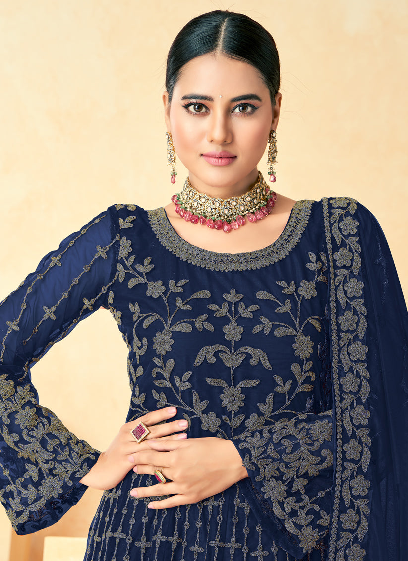 Navy Blue Net Embroidered Anarkali Suit