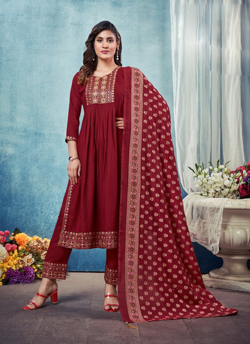 Maroon Heavy Rayon Embroidered Kurti Set