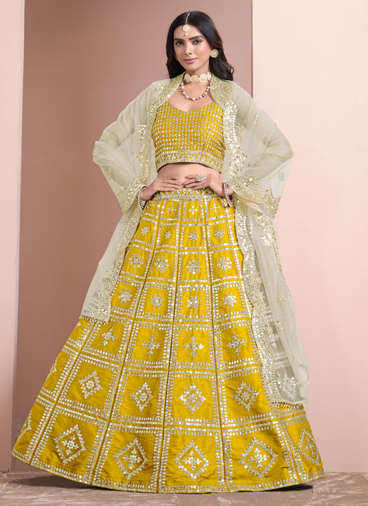 Maize Yellow Art Silk Embroidered Lehenga Choli with Net Dupatta