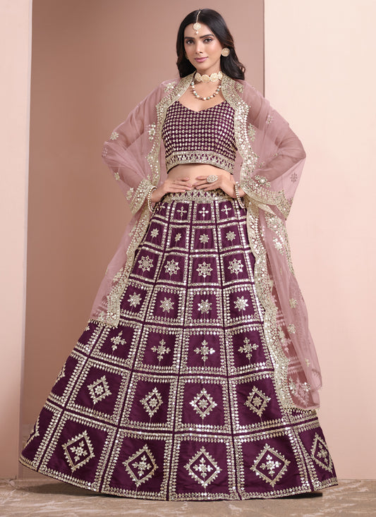 Burgundy Art Silk Embroidered Lehenga Choli with Net Dupatta