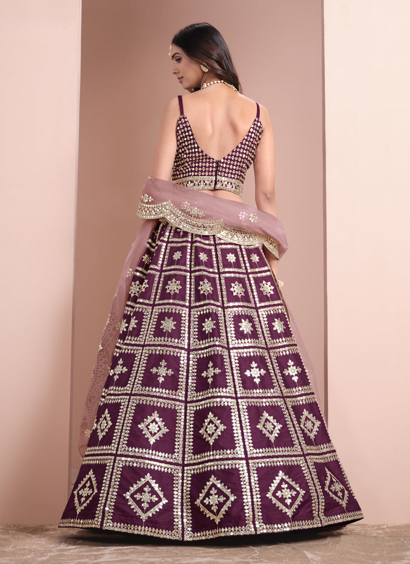 Burgundy Art Silk Embroidered Lehenga Choli with Net Dupatta