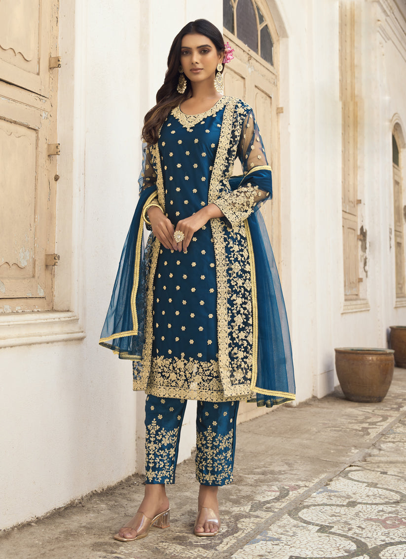 Teal Blue Net Embroidered Pant Kameez