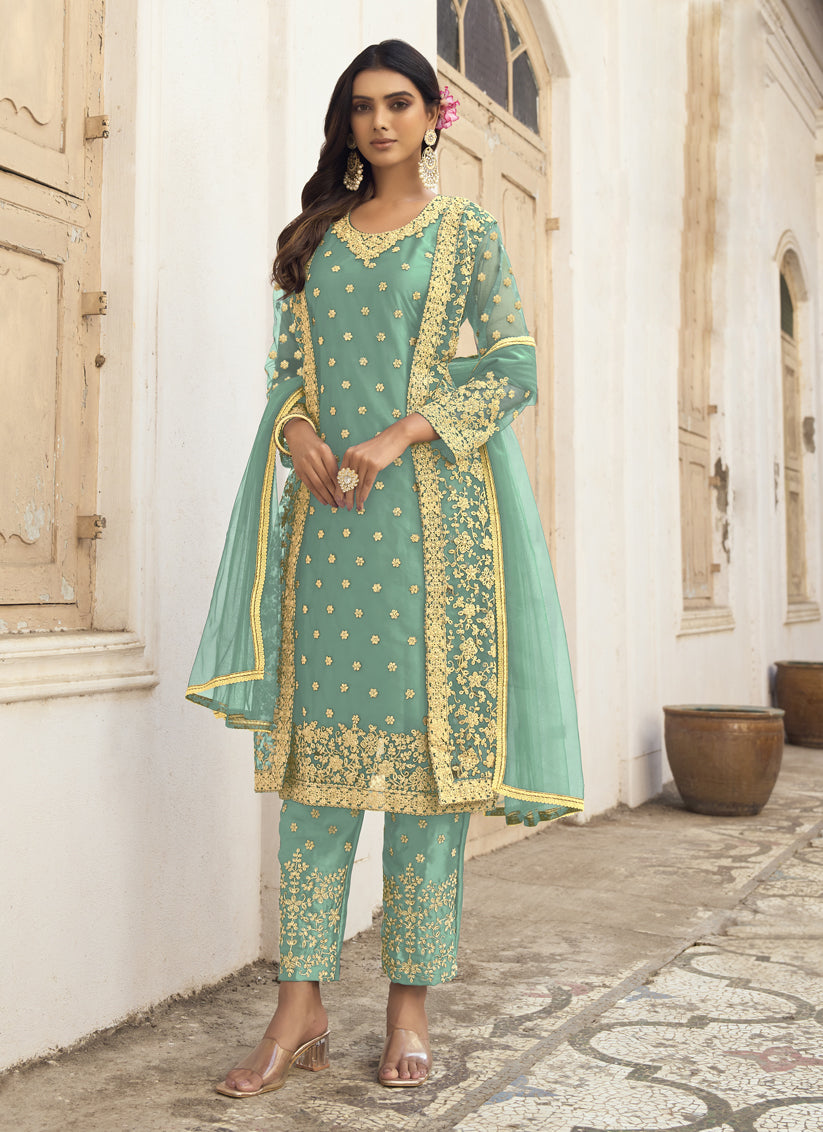 Aqua Mint Net Embroidered Pant Kameez