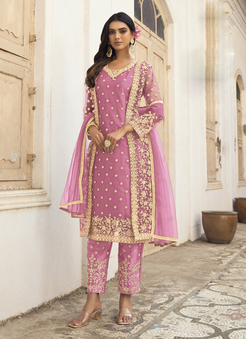 Carnation Pink Net Embroidered Pant Kameez