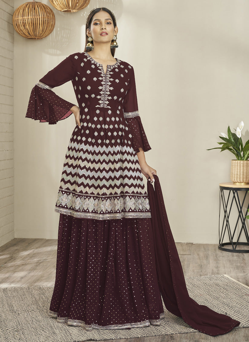 Burgundy Georgette Embroidered Designer Lehenga Kameez