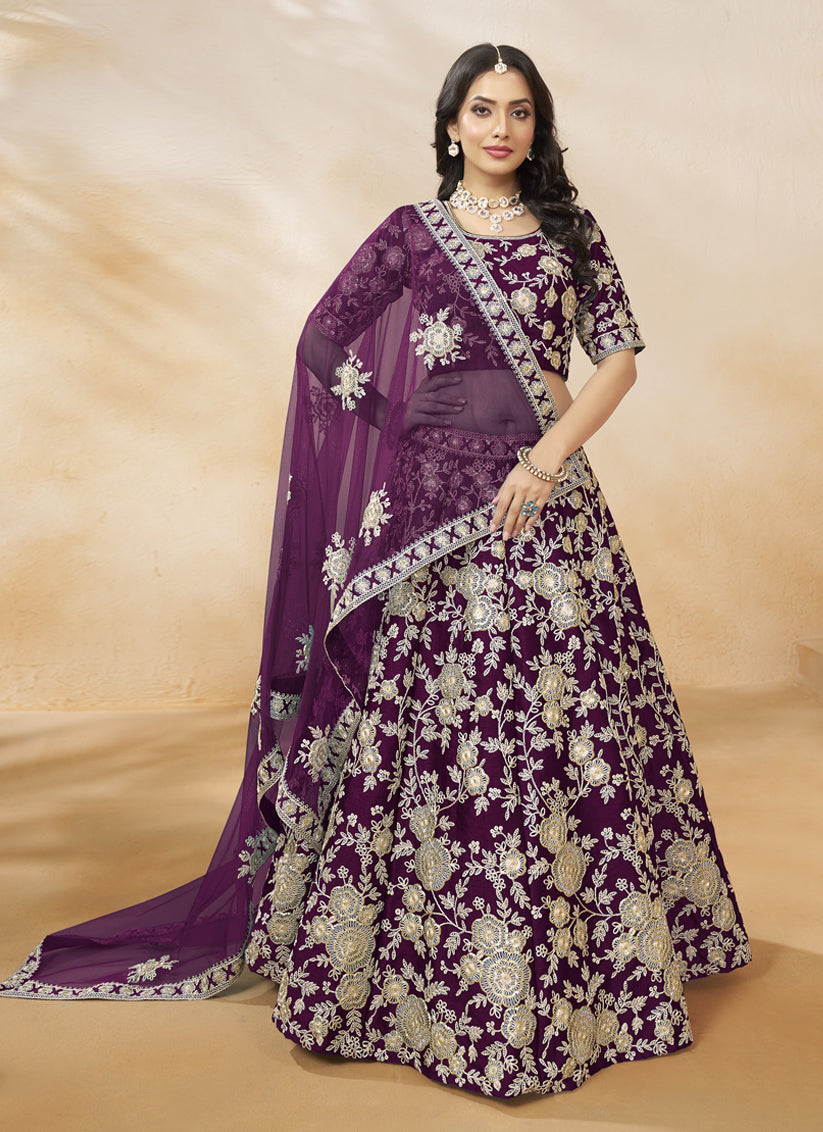Wine Art Silk Embroidered Wedding Lehenga Choli