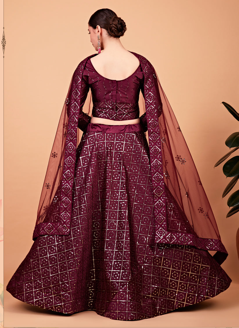 Wine Silk Embroidered Designer Lehenga Choli Set