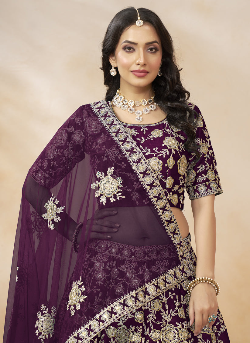Wine Art Silk Embroidered Wedding Lehenga Choli