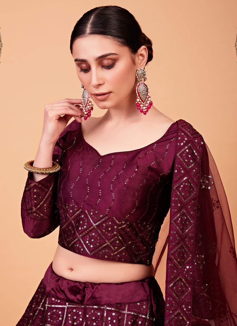 Wine Silk Embroidered Designer Lehenga Choli Set