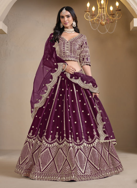 Wine Art Silk Embroidered Lehenga Choli