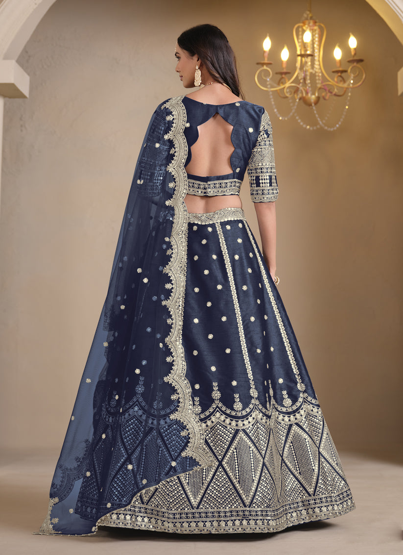 Midnight Blue Art Silk Embroidered Lehenga Choli