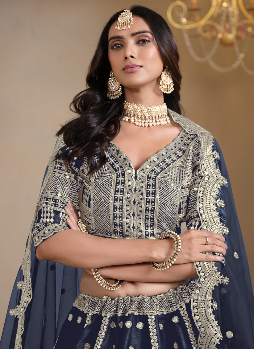 Midnight Blue Art Silk Embroidered Lehenga Choli
