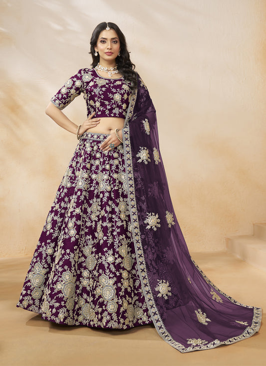 Wine Art Silk Embroidered Wedding Lehenga Choli