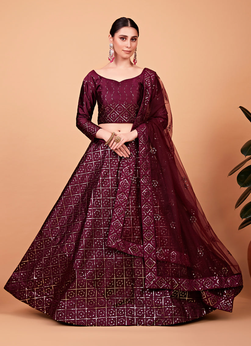 Wine Silk Embroidered Designer Lehenga Choli Set