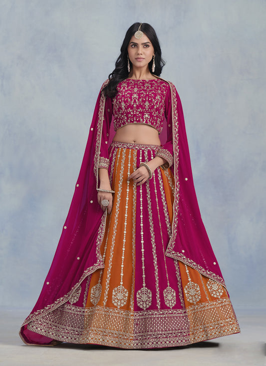 Magenta and Tangerine Faux Georgette Embroidered Lehenga Choli