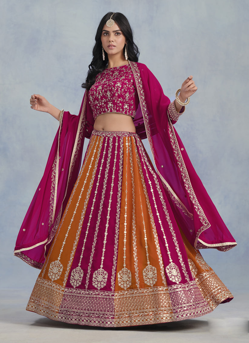 Magenta and Tangerine Faux Georgette Embroidered Lehenga Choli