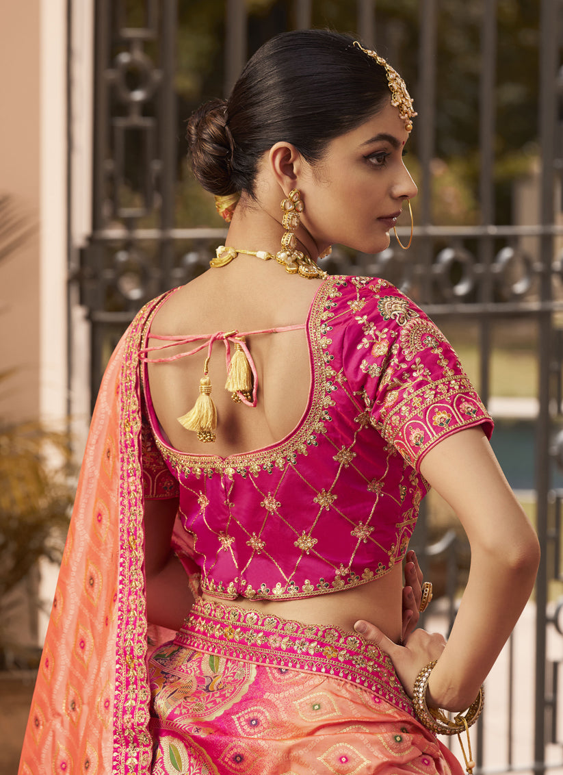 Rose Gold and Rani Pink Banarasi Silk Handwork Bridal Lehenga Choli Set