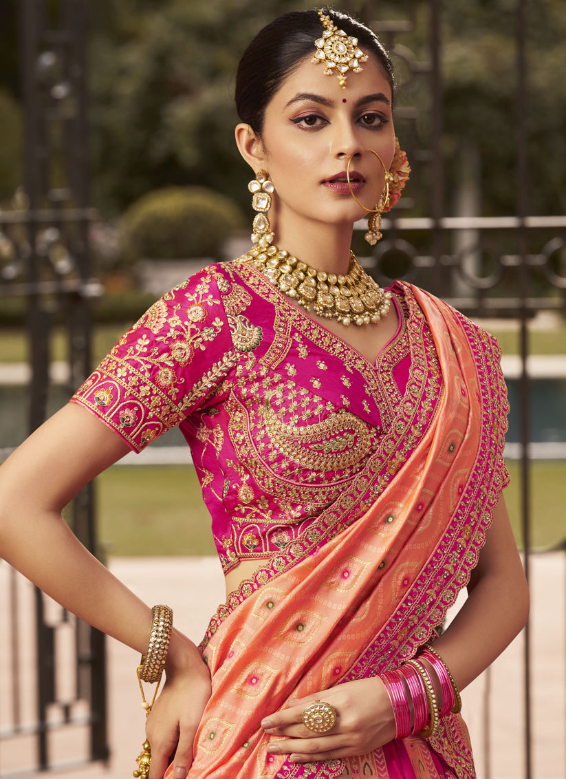 Rose Gold and Rani Pink Banarasi Silk Handwork Bridal Lehenga Choli Set