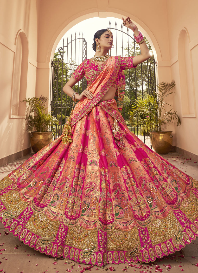 Rose Gold and Rani Pink Banarasi Silk Handwork Bridal Lehenga Choli Set