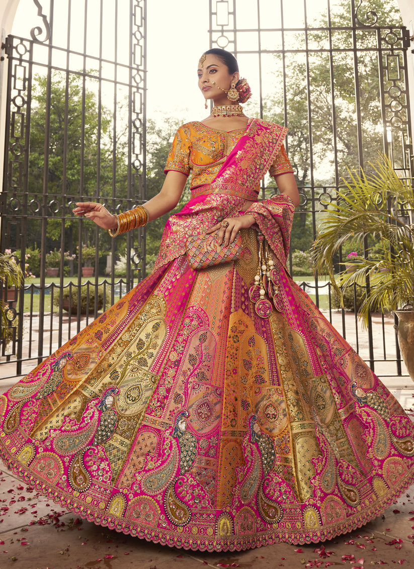 Rose Gold and Rani Pink Banarasi Silk Handwork Bridal Lehenga Choli Set