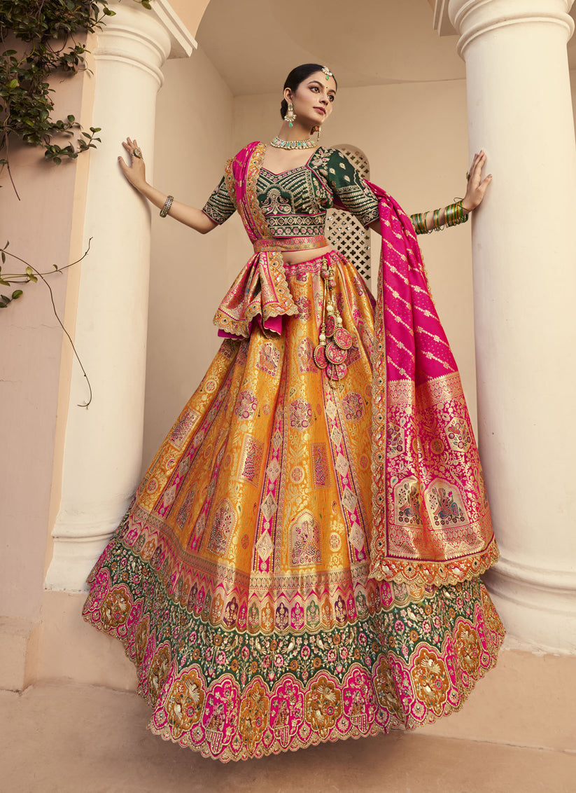 Mustard Yellow Banarasi Silk Handwork Bridal Lehenga Choli Set