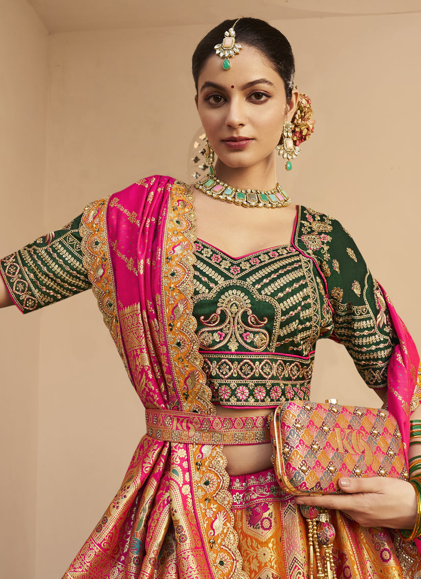 Mustard Yellow Banarasi Silk Handwork Bridal Lehenga Choli Set