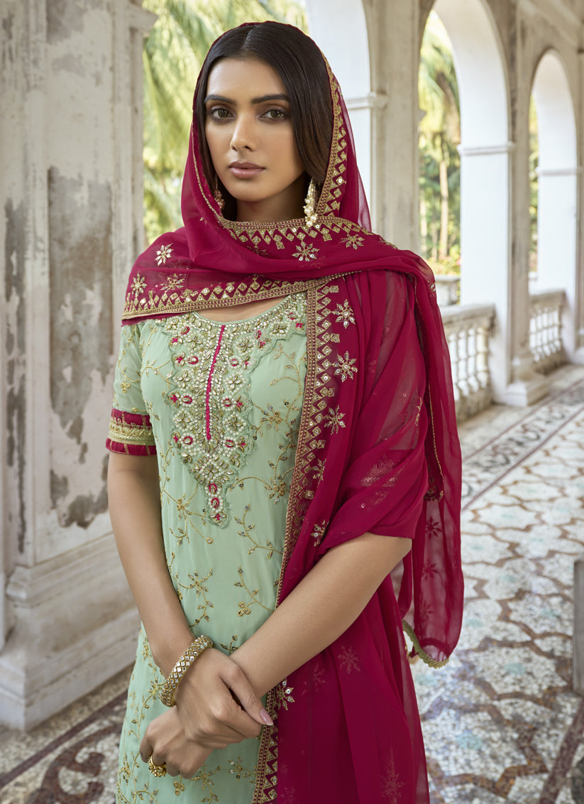 Mint Green Faux Georgette Embroidered Palazzo Kameez