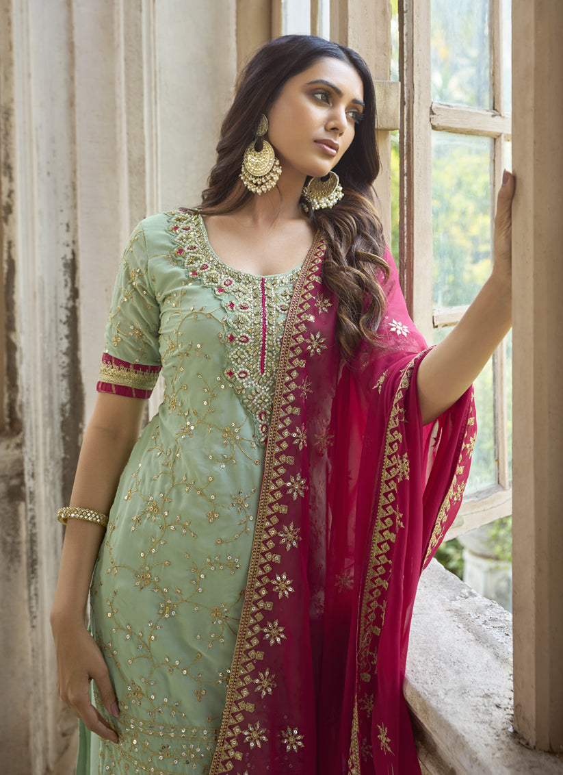 Mint Green Faux Georgette Embroidered Palazzo Kameez