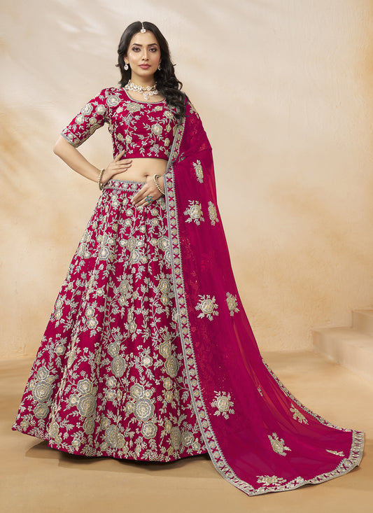 Raspberry Pink Art Silk Embroidered Wedding Lehenga Choli