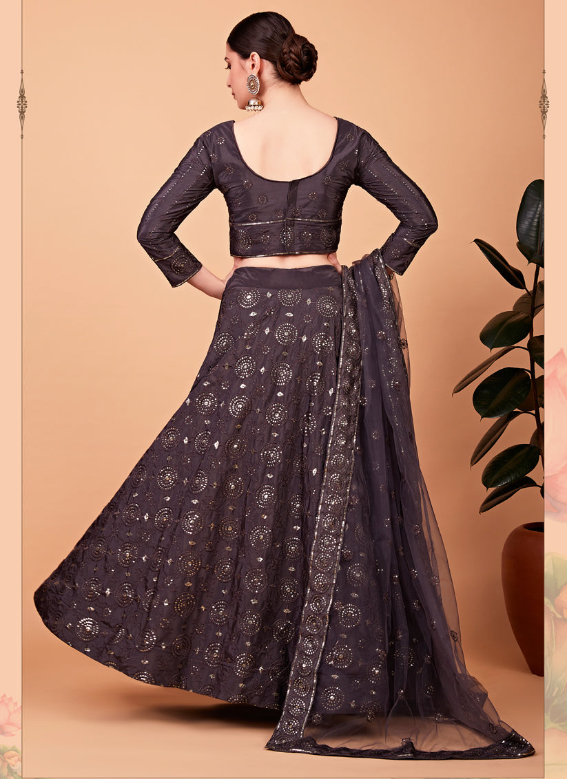 Slate Grey Silk Embroidered Designer Lehenga Choli Set