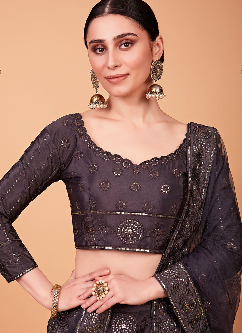 Slate Grey Silk Embroidered Designer Lehenga Choli Set