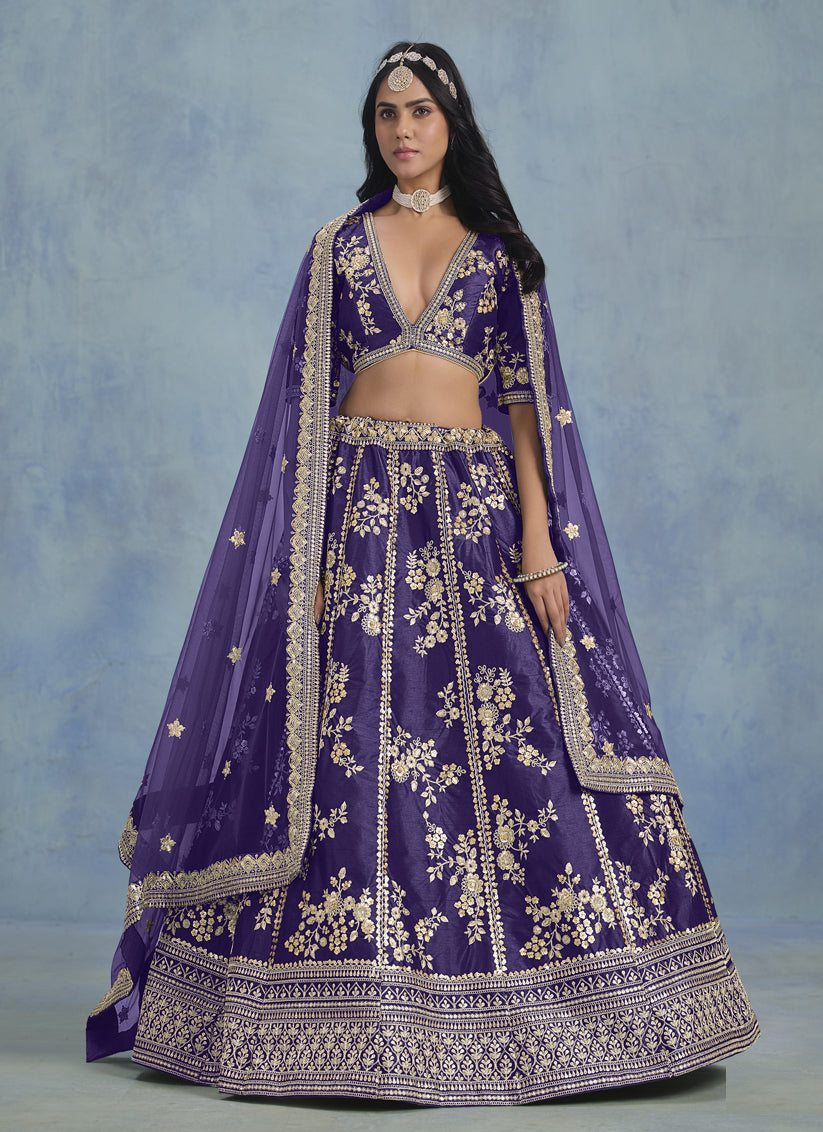 Violet Art Silk Sequins Embroidered Lehenga Choli Set