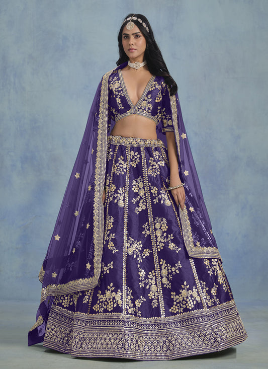 Violet Art Silk Sequins Embroidered Lehenga Choli Set