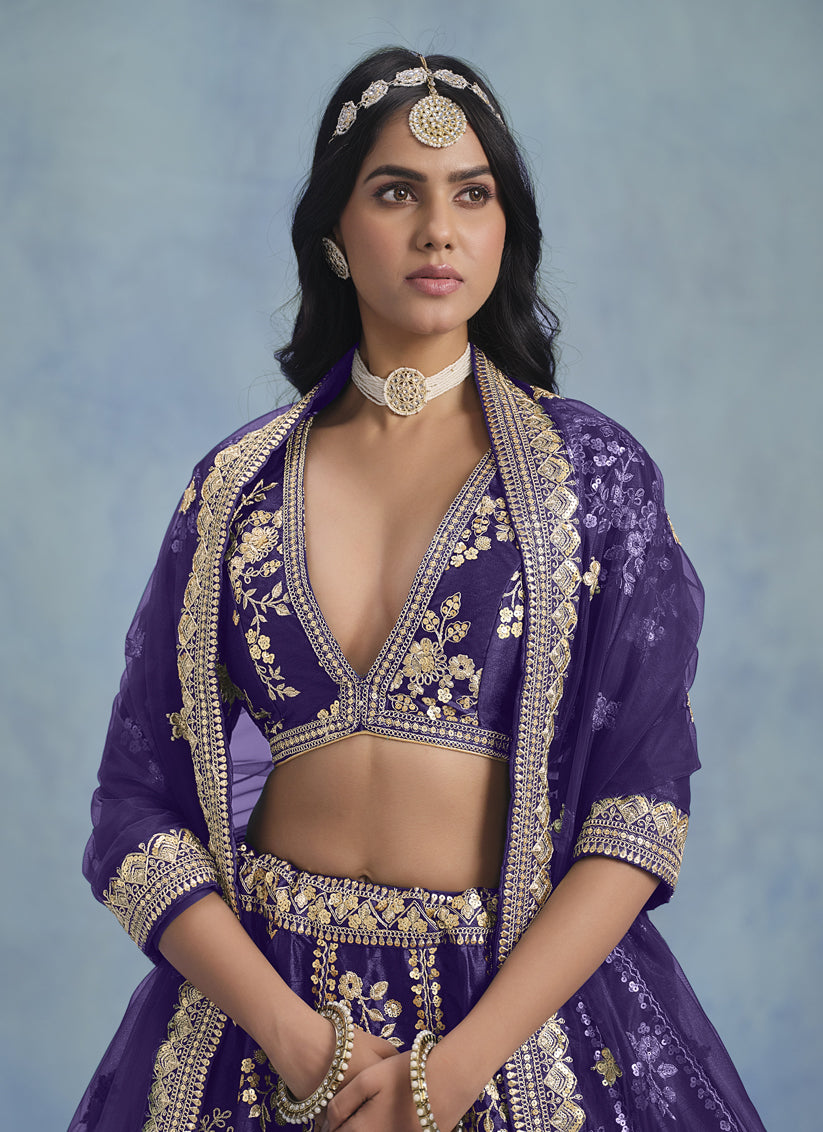 Violet Art Silk Sequins Embroidered Lehenga Choli Set