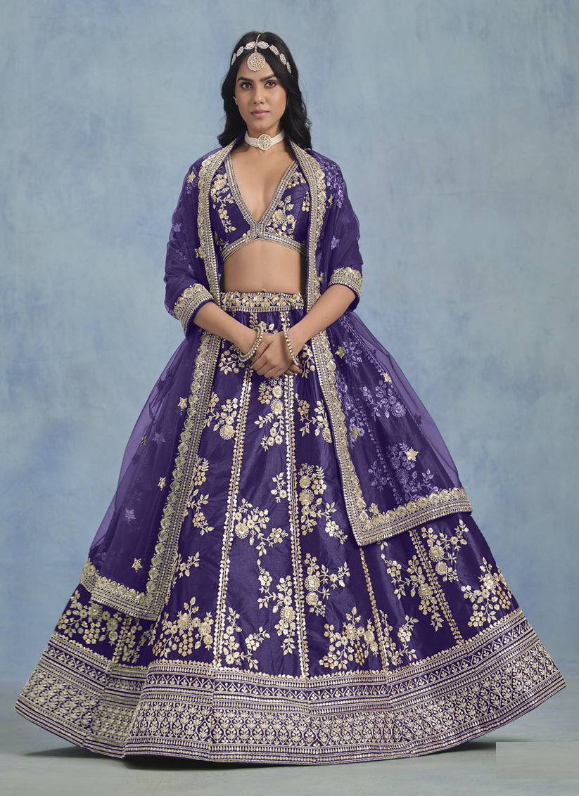 Violet Art Silk Sequins Embroidered Lehenga Choli Set