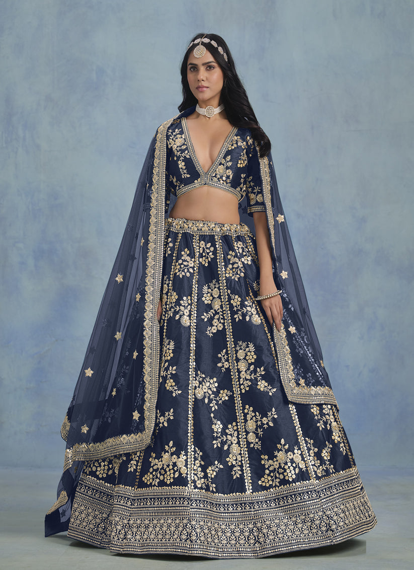 Midnight Blue Art Silk Sequins Embroidered Lehenga Choli Set