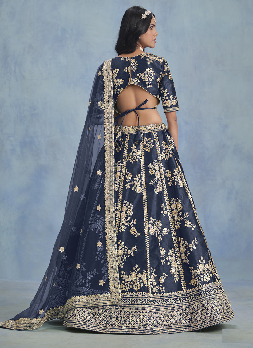 Midnight Blue Art Silk Sequins Embroidered Lehenga Choli Set