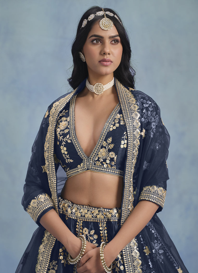 Midnight Blue Art Silk Sequins Embroidered Lehenga Choli Set