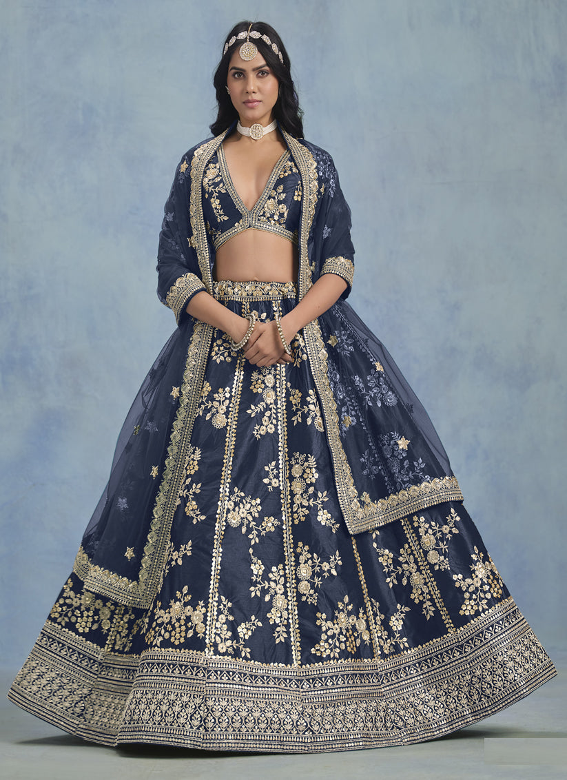 Midnight Blue Art Silk Sequins Embroidered Lehenga Choli Set