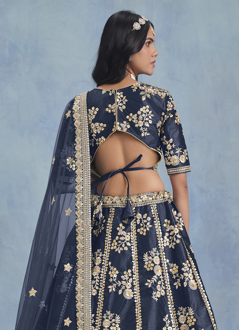 Midnight Blue Art Silk Sequins Embroidered Lehenga Choli Set